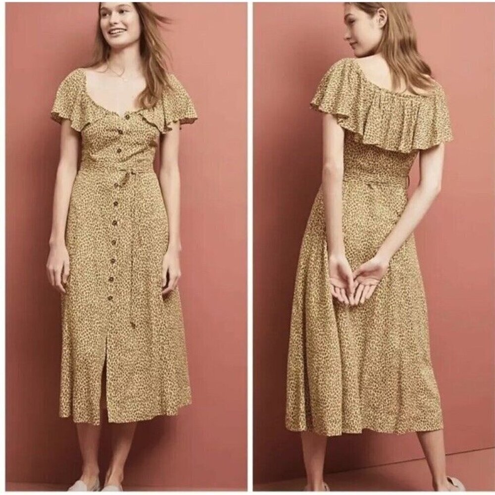 Anthropologie Bolano Cheetah Leopard Print Button Down Midi Dress Womens Sz 0